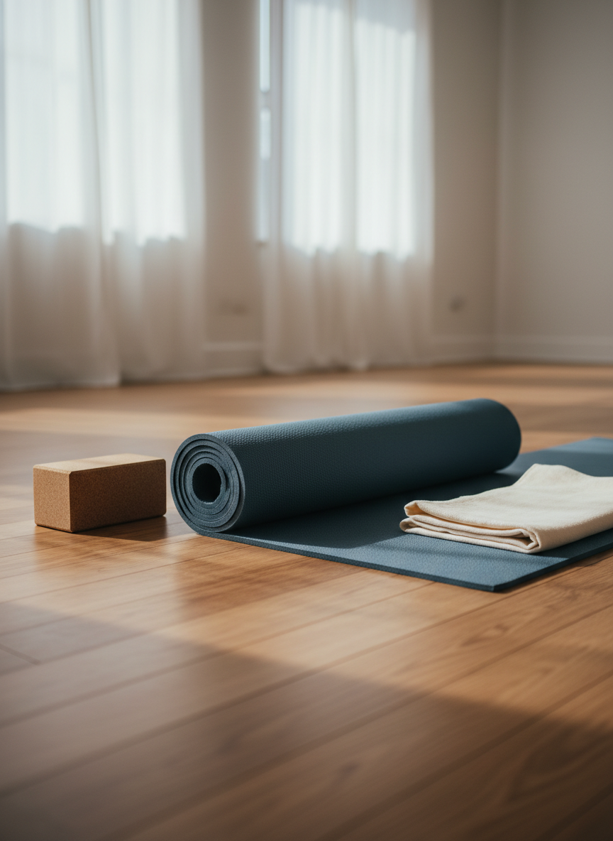 A neatly rolled slate-blue yoga mat made of textured natural rubber lies on warm, honey-toned wooden floorboards in a minimalist studio. Beside it, a simple cork yoga block and a neatly folded cream cotton blanket rest in quiet readiness. Soft, diffused daylight filters through sheer white curtains in the background, creating gentle highlights on the mat’s subtle grain and casting faint, elongated shadows. The air feels calm and grounded, with no clutter in sight. Photographed at eye level with a shallow depth of field, the mat is in sharp focus while the background gently blurs, conveying a professional, down-to-earth, photographic realism suited for a healing yoga and breathwork space.