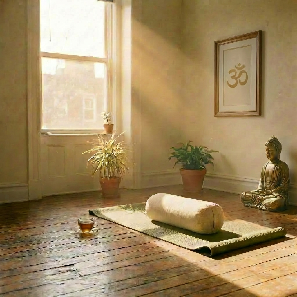 Meditation mat with bolster, tea, and Buddha statue in a sunlit room with plants.