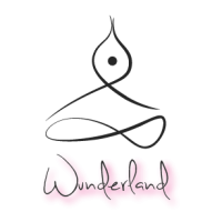 A logo for Wunderland, a yoga studio or wellness center, featuring a stylized design of a person in a yoga pose with the w...
